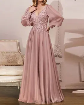 2023, Пролетното Модно Секси рокля с V-образно деколте и средна талия за крайградски пътувания, Дълга розова вечерна рокля за банкет