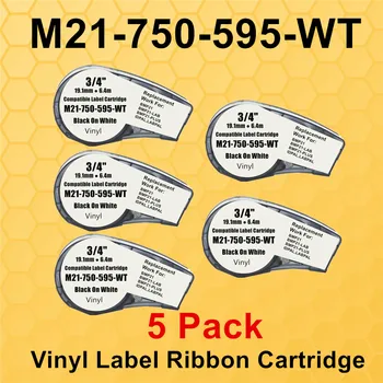 5PK Взаимозаменяеми Касета за винилови етикети M21-750-595 Всепогодная Labeller ленти за вътрешни/Външни работи/Лаборатория, Черно на бяло, 19,1 мм