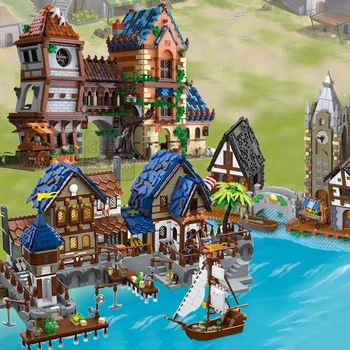 Средновековна пристанището, европейски дом век, строителните блокове, гледка към улицата, MOC, монтаж на тухли, играчки, подаръци за деца