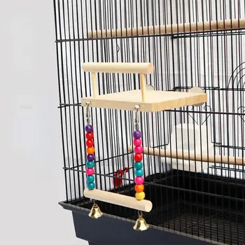 Играчка-люлка за папагали Дървена платформа, Разноцветни мъниста, играчки клетката, Птица да нощуват, Подвесная играчка-люлка със звънци, Аксесоари за клетки