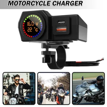 Мотоциклетное зарядно с два USB-USB + C с цветен дисплей на температурата и напрежението за мобилни телефони и мобилни устройства