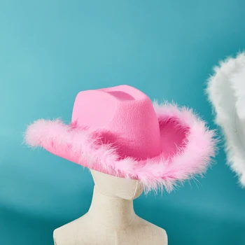 Дамски Ковбойская шапка, лятна мода однотонная шапка с кожа тапицерия и широка периферия, дамска шапка за партита за запознанства