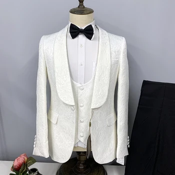 Бял сватбен костюм за мъже, Блейзър, жаккардовая кърпа, яке, панталони, жилетка, три предмета, кралско синьо официален бизнес костюм Homme Slim Fit