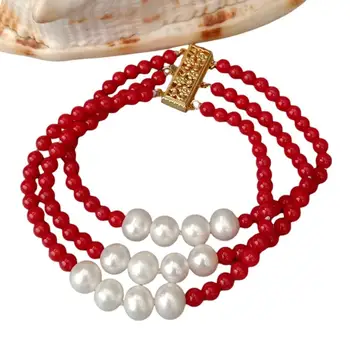 3 броя 4 мм Кръгъл гривна от червен корал с бели кръгли перли