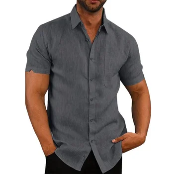 Памучен линия, топла разпродажба на Мъжки тениски с къс ръкав, Летни обикновена риза с отложным яка, всекидневни плажен стил, по-големи размери