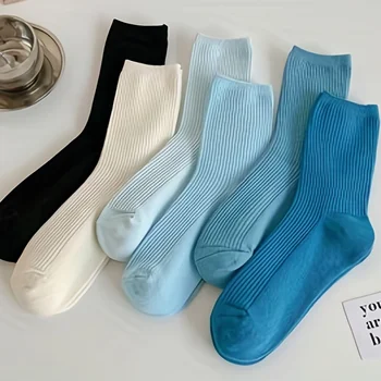 1 Чифт плетени чорапи със средна дължина, в рубчик, обикновена смесени чорапи с кръгло деколте, дамски ежедневни спортни чорапи