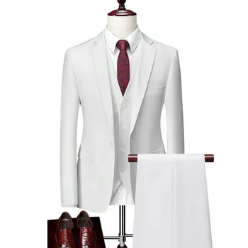 Мъжки бизнес костюм, сако и панталони, луксозен комплект за сватбени партита, яке и панталони за младоженеца-2 броя, Големи костюм