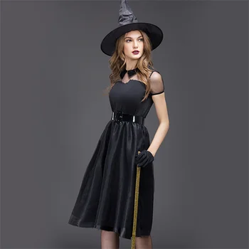 Секси Черна рокля вещици, Секси Жена Магически костюм за Хелоуин, Карнавальная Маскарадная игра, Готическата сетчатое рокля с шапка на вещица
