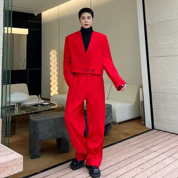 SYUHGFA Elgance Мъжки Блейзери Мода 2023 Нова Индивидуалност Облекло Корейски Луксозен Червен цвят с V-образно деколте Палто Тенденция Мъжки Бизнес