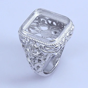 Винтажное Мъжки пръстен от Сребро 925 проба, 14x16 мм, пръстен с възглавница-Кабошоном, Полумонтажное пръстен, Кехлибар, Тюркоаз, Агатовая Дограма