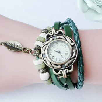 Women Watches 2023 Fashion Children Retro Leatherwinding Bracelet Leaf Pendant Watch For Women Reloj Mujer Часовник Дамски Ръчен