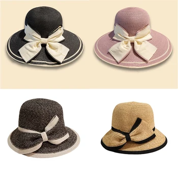Нови модни сламени шапки с голяма периферия и лък, Градинска дамски Панама, Летни шапки-кофи за пътуване, Солнцезащитная плажна шапка