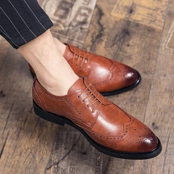 Класически мъжки кожени обувки в стил дерби дантела, удобна реколта модни и ежедневни кожени обувки с перфорации тип 