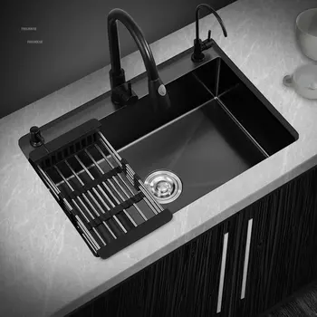 Кухненски мивки за дома От неръждаема Стомана Творчески Черен Нано-Мивка С една чашка за изпускателя За Мивки Набор от Кухненски аксесоари ръчна изработка