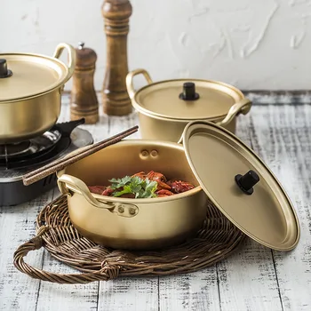 Златна тенджера за юфка Ramen, Алуминиева тенджера за супа с капак, тенджера за приготвяне на млечно-яйчен супа, тиган за бързо загряване на кухненските съдове