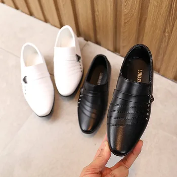 Кожени обувки за момчета, пролетно-есенни вечерни модела обувки с остри пръсти, Британски стил, черно-бели Детски обувки, вечерни сватбени обувки на равна подметка обувки