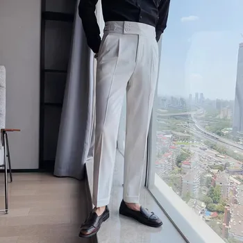 Мъжки Костюмные панталони в британския стил, с висока талия, модерни ежедневни бизнес панталони, офис панталони джентльменского темперамент
