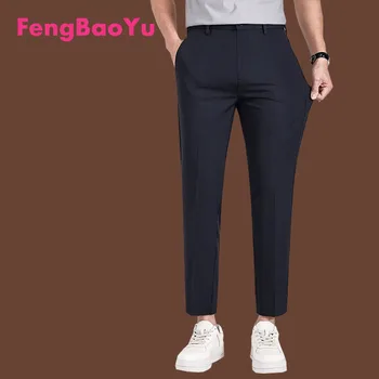 Мъжки Панталони Fengbaoyu Nine-minute, Летни Тънки Удобни Неглаживающиеся Ластични Панталони-карго, Зауженные Панталони, Офис Панталони за Кариера, Черни Панталони