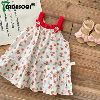 Сладък дизайн с принтом - за най-малките деца от 3 до 6 години е Удобно: 2023 Летни рокли-слинги за малки момичета с рюшами ягодов цвят