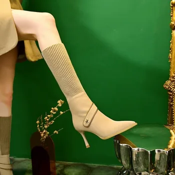 2023 Модни Дамски обувки; Дамски обувки с ръкави; Зимни Пикантни Обикновена обувки на висок ток с остър пръсти или тънките токчета