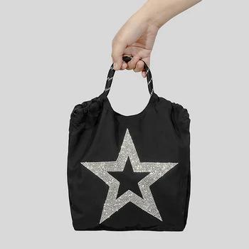 Нова Дамска чанта с завязками под формата на петолъчна звезда, Просто найлон женствена чанта през рамо с диаманти, Универсални чанти през рамо на веригата