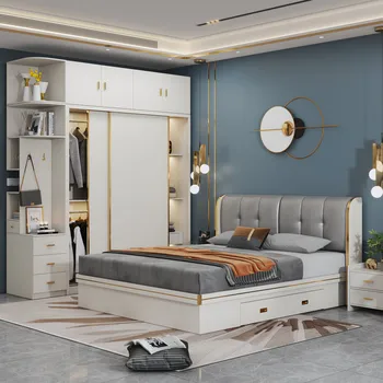 Модерен лесен шкаф за спалня, комбинацията от плъзгащи се врати, плъзгащи се на три врати, бял шкаф, дървени малки домакински шкаф