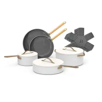 Комплект керамични съдове за готвене с незалепващо покритие от 12 теми, бяла глазура от Дрю Баримор