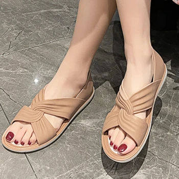 Летни Нови дамски сандали, без закопчалка на равна подметка 2023, Модни градинска дамски плажни обувки с отворени пръсти, дишащи обувки Mary Jane