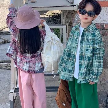 Детска риза 2023, Есенен цвят карирани топ в корейски стил за момчета и момичета, ежедневното детско палто с яка, блуза