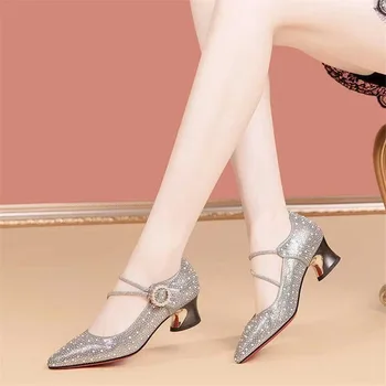 Пролетно Дамски обувки С кристали, един Модерен Темпераментна Перли, високи токчета с остри пръсти, обикновена вечерни обувки-лодки, Zapatos Tacon Mujer
