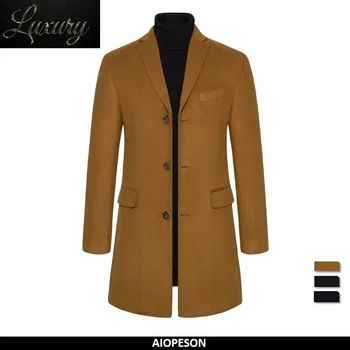Мъжко дълго палто, однотонное ежедневното однобортное палто с ръкави, зимно приталенное модно вълна палто за
