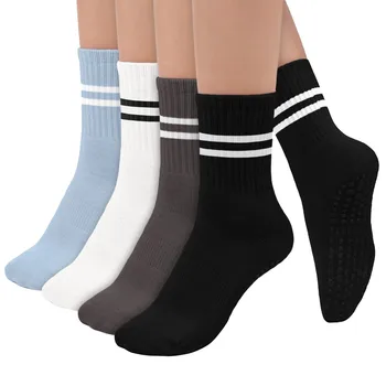 Шарени чорапи Унисекс, Луксозни дизайнерски есенно-зимни чорапи Crew Meias от чист памук, нескользящие чорапи за йога в ивица до средата на прасците (4 бр.)