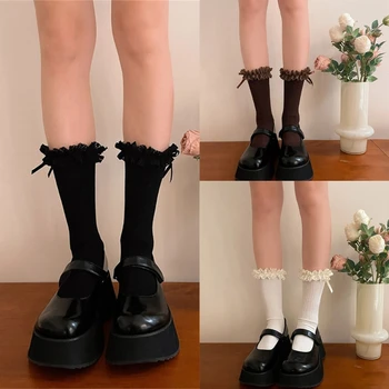 1 чифт Женски чорапи с рюшами, чорапи до щиколоток със завързана отгоре за момичета, памучни чорапи с волани и пеперуди, чорапи в стил принцеса