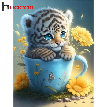 Huacan 5D Диамантена живопис, Нови Постъпления, Определени за Бродерия на Цветя Тигър, Плочки с животни 30х40 см, Украса за дома
