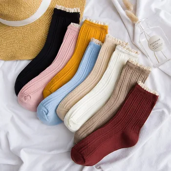 Есенно-зимни Дантелени Памучни Къси Чорапи Harajuku до щиколоток, Японската Лолита Kawai, Сладки Високи Дълги чорапи с къдри