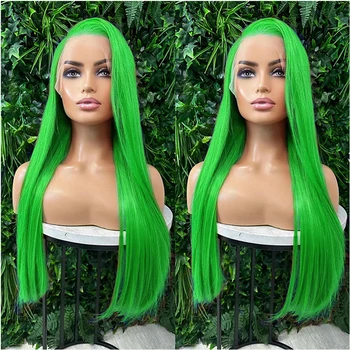 FANXITION Зелени Дълги прави синтетични перуки на дантели, изработени от естествени косми, синтетични перука на дантели от тепловолокнистых на косата на перука за cosplay