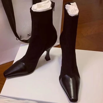 2023 Луксозни Дамски бежово-черни обувки с бомбе На висок ток, еластични възли ботуши на тънък висок ток, зимни дамски ботильоны от еластичен плат