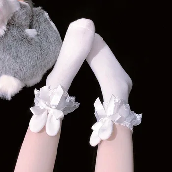 2 чифта Нови стереоскопичен чорапи с заячьими уши за момичета, Есента памучни чорапи с декоративен лък за момичета, Средната тръба, цветя край, Женски памук