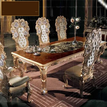 обичай италиански луксозен трапезна маса от масивна дървесина с дърворезба, комбинация от стола, на Европейската златна фолио, дълга вила
