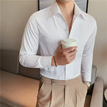 Нови Секси тениска с V образно деколте и дълъг ръкав за мъже, Облекло 2023, Бизнес Официалната дрехи, Приталенная Ежедневна Блуза-смокинг, Homme Black