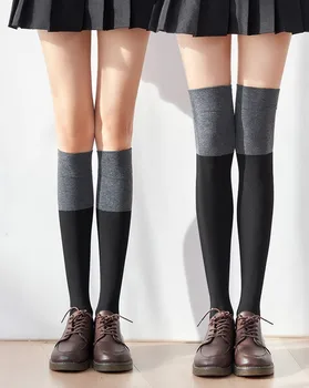 Пролетно-есенните модни Ретро-Новите Дамски чорапи с цветни блокированием, черни чорапи с тънки крака с дължина до средата на прасците