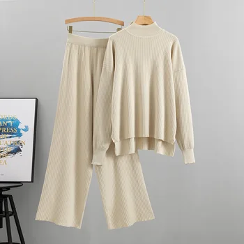 Зимна Свободен вязаный пуловер, всекидневни комплект от две части за жените, Есен нова Темпераментна комплект широки панталони, дамски дрехи, облекло