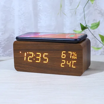 Intelligent heating alarm clock с безжично зареждане от влага студентски цифрови led творчески дървени часовници