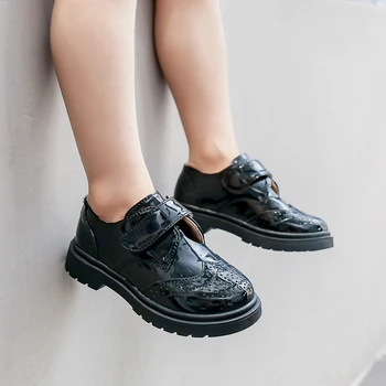 Детски Кожени обувки За момчета, Лъскава Черна Училищна обувки в Британската Униформа, Новост 2023 Г., Детски обувки с плетене на една Кука и Линия, Лоферы, Безплатна Доставка В Корейски Стил