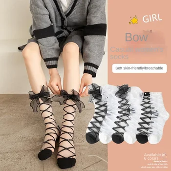 1 Чифт чорапи от органза с кръст в Японски стил, пролет-лято, фини чорапи с хубаво завързана лък за момичета