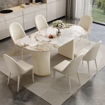 Лесен луксозна маса за хранене е от каменни плочи, овална маса за хранене в кремовом стил, компактен, маса за хранене за дома
