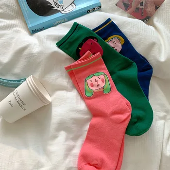 1 чифт/Чорапи със средна дължина за жени, Модерен Корейски стил, Универсален памук за градинска дрехи, сладки спортни чорапи за двойки, с анимационни герои