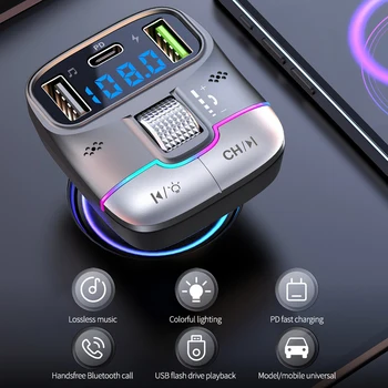 Автомобилен FM предавател, Bluetooth 5.3, автоматичен безжичен адаптер Bluetooth, MP3 плеър, микрофон, двойно зарядно устройство, USB PD, роликовое колелото