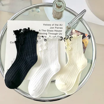 Модни памучни чорапи с куха средна част, Дамски чорапи в ивица с хубав лък за момичета, Летни ежедневни черни, бели чорапи