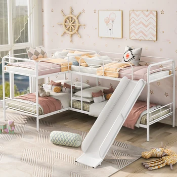 Двуетажно легло Twin Size L-образна форма с пързалка и стремянкой, бяла